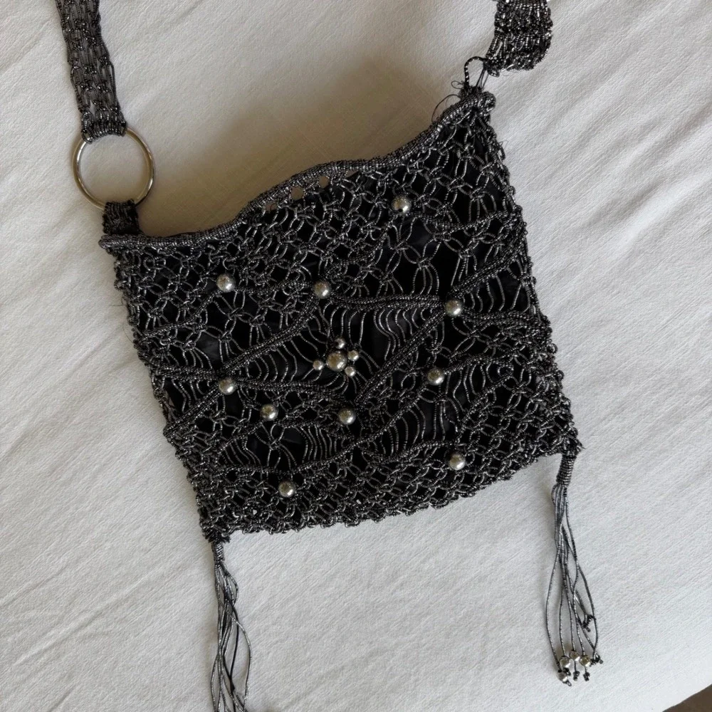 Y2K Gunmetal Metallic Crochet Mesh Crossbody Bag Fringe‎ Tassels Broken Ring